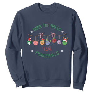 Funny Christmas Pickleball Sweatshirt Deck The Halls With Pickleballs Santa Hat TS11 Navy Print Your Wear
