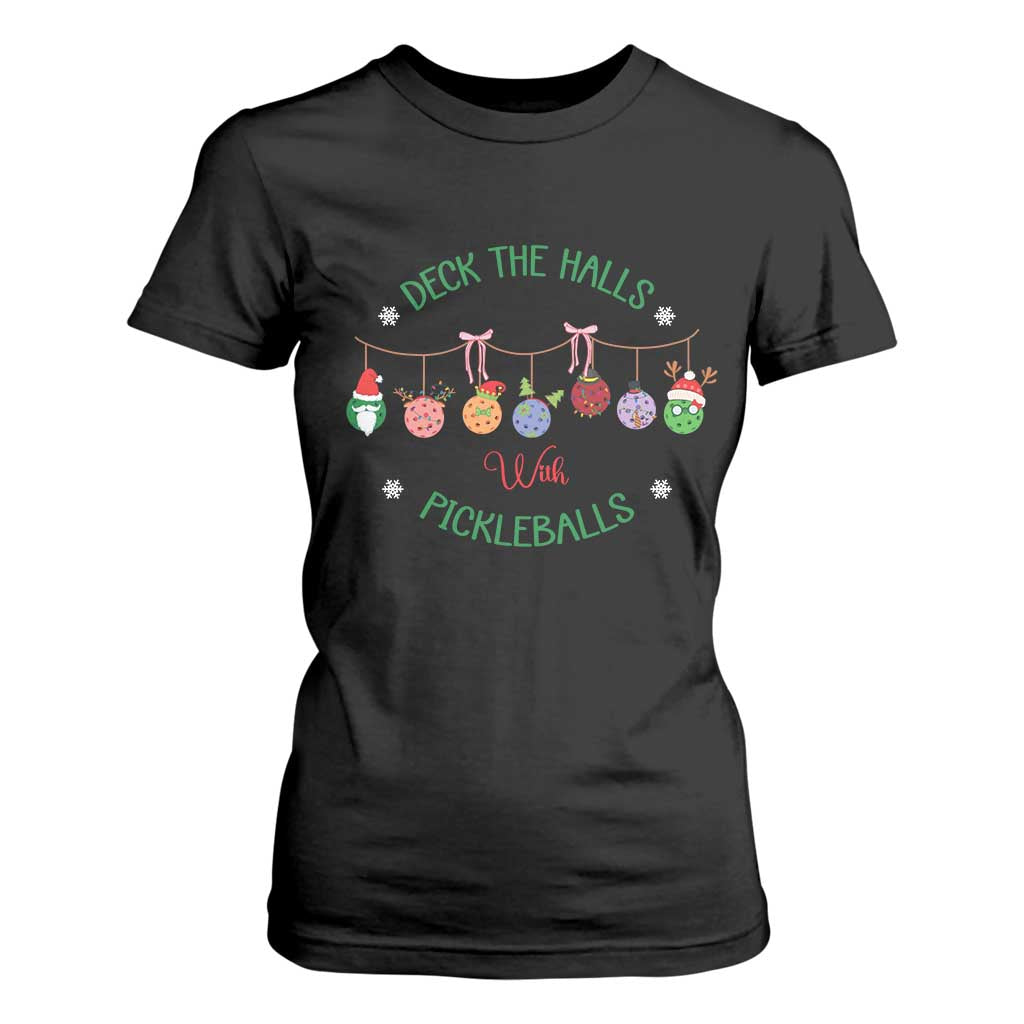 Funny Christmas Pickleball T Shirt For Women Deck The Halls With Pickleballs Santa Hat TS11 Black Print Your Wear