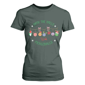 Funny Christmas Pickleball T Shirt For Women Deck The Halls With Pickleballs Santa Hat TS11 Dark Forest Green Print Your Wear