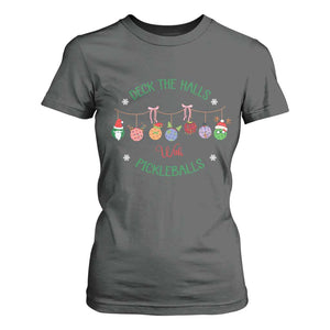 Funny Christmas Pickleball T Shirt For Women Deck The Halls With Pickleballs Santa Hat TS11 Dark Heather Print Your Wear
