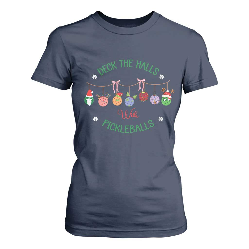 Funny Christmas Pickleball T Shirt For Women Deck The Halls With Pickleballs Santa Hat TS11 Navy Print Your Wear