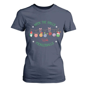 Funny Christmas Pickleball T Shirt For Women Deck The Halls With Pickleballs Santa Hat TS11 Navy Print Your Wear