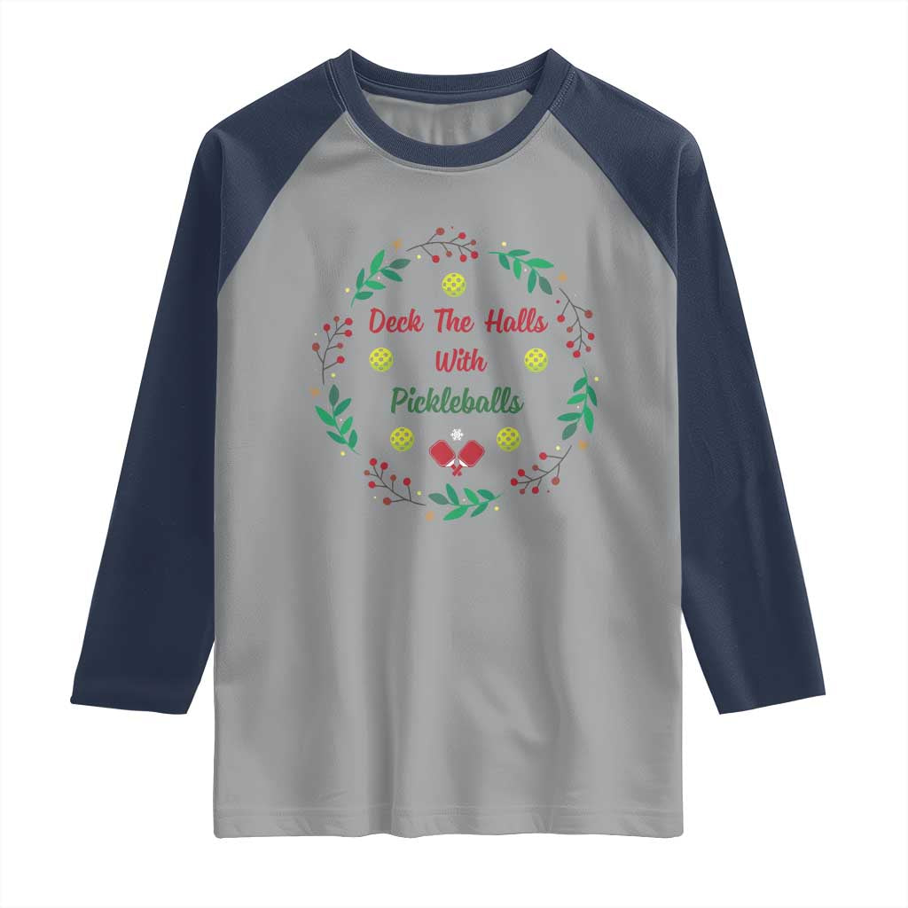 Christmas Pickleball Raglan Shirt Deck The Halls With Pickleball Xmas Wealth TS11 Sport Gray Navy Print Your Wear
