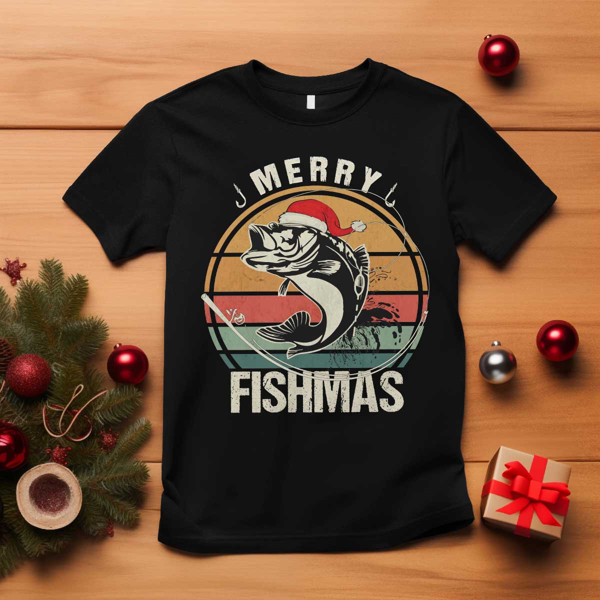 Funny Christmas Fishing T Shirt Merry Fishmas Vintage Sunset Retro TS11 Black Print Your Wear