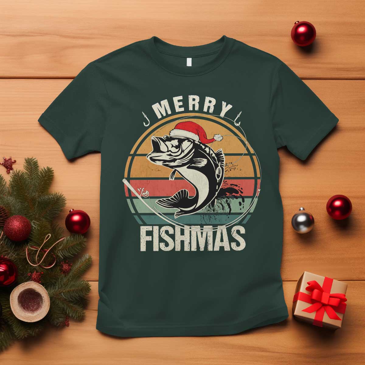 Funny Christmas Fishing T Shirt Merry Fishmas Vintage Sunset Retro TS11 Dark Forest Green Print Your Wear