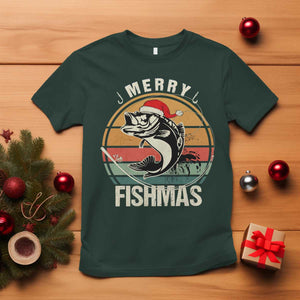 Funny Christmas Fishing T Shirt Merry Fishmas Vintage Sunset Retro TS11 Dark Forest Green Print Your Wear