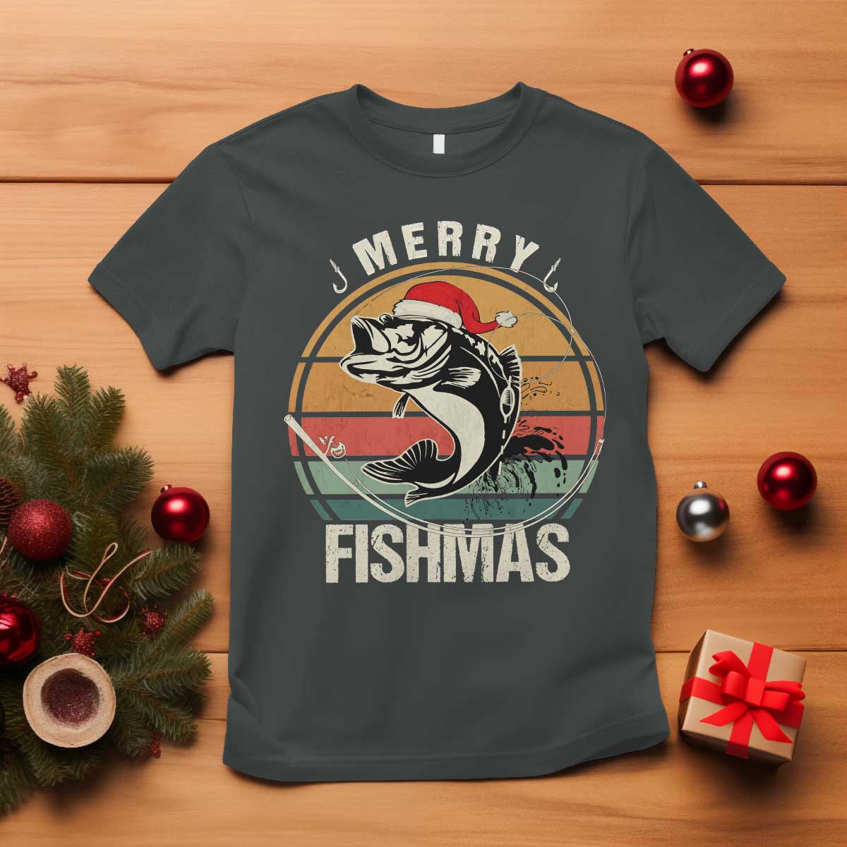 Funny Christmas Fishing T Shirt Merry Fishmas Vintage Sunset Retro TS11 Dark Heather Print Your Wear