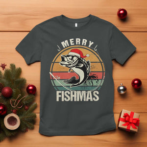 Funny Christmas Fishing T Shirt Merry Fishmas Vintage Sunset Retro TS11 Dark Heather Print Your Wear