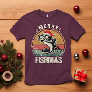 Funny Christmas Fishing T Shirt Merry Fishmas Vintage Sunset Retro TS11 Maroon Print Your Wear