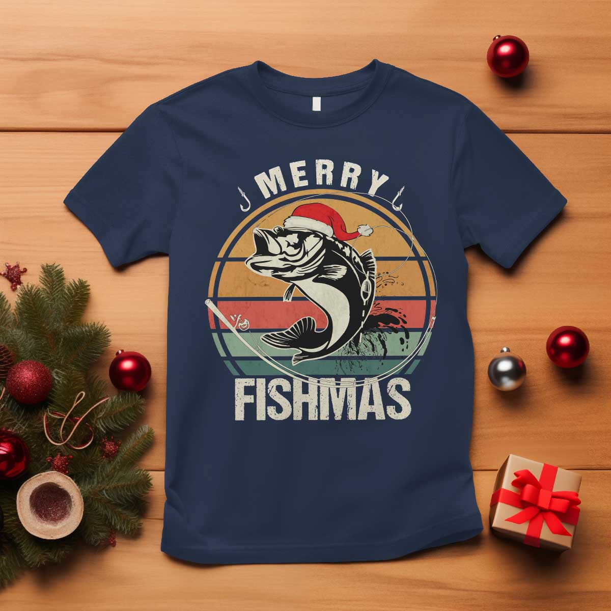 Funny Christmas Fishing T Shirt Merry Fishmas Vintage Sunset Retro TS11 Navy Print Your Wear