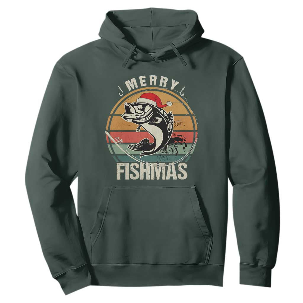 Funny Christmas Fishing Hoodie Merry Fishmas Vintage Sunset Retro TS11 Dark Forest Green Print Your Wear
