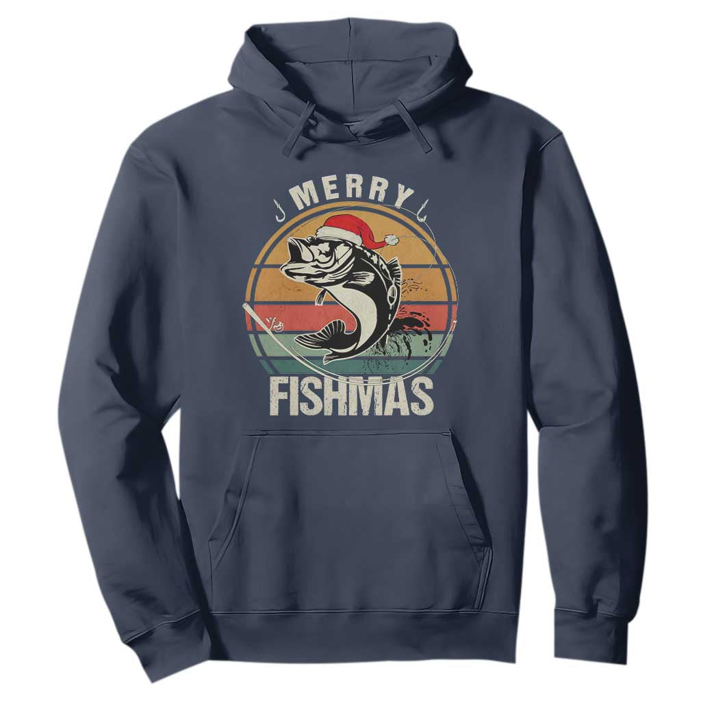 Funny Christmas Fishing Hoodie Merry Fishmas Vintage Sunset Retro TS11 Navy Print Your Wear