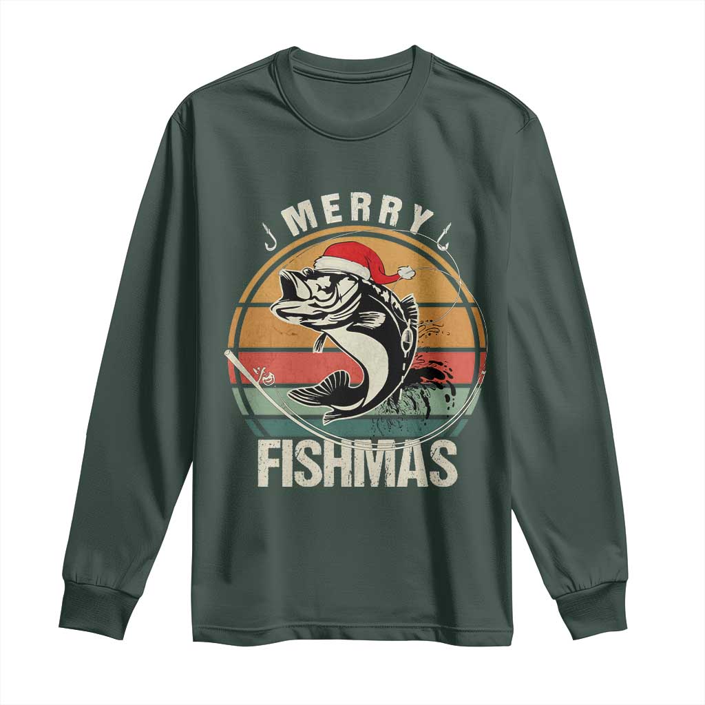 Funny Christmas Fishing Long Sleeve Shirt Merry Fishmas Vintage Sunset Retro TS11 Dark Forest Green Print Your Wear
