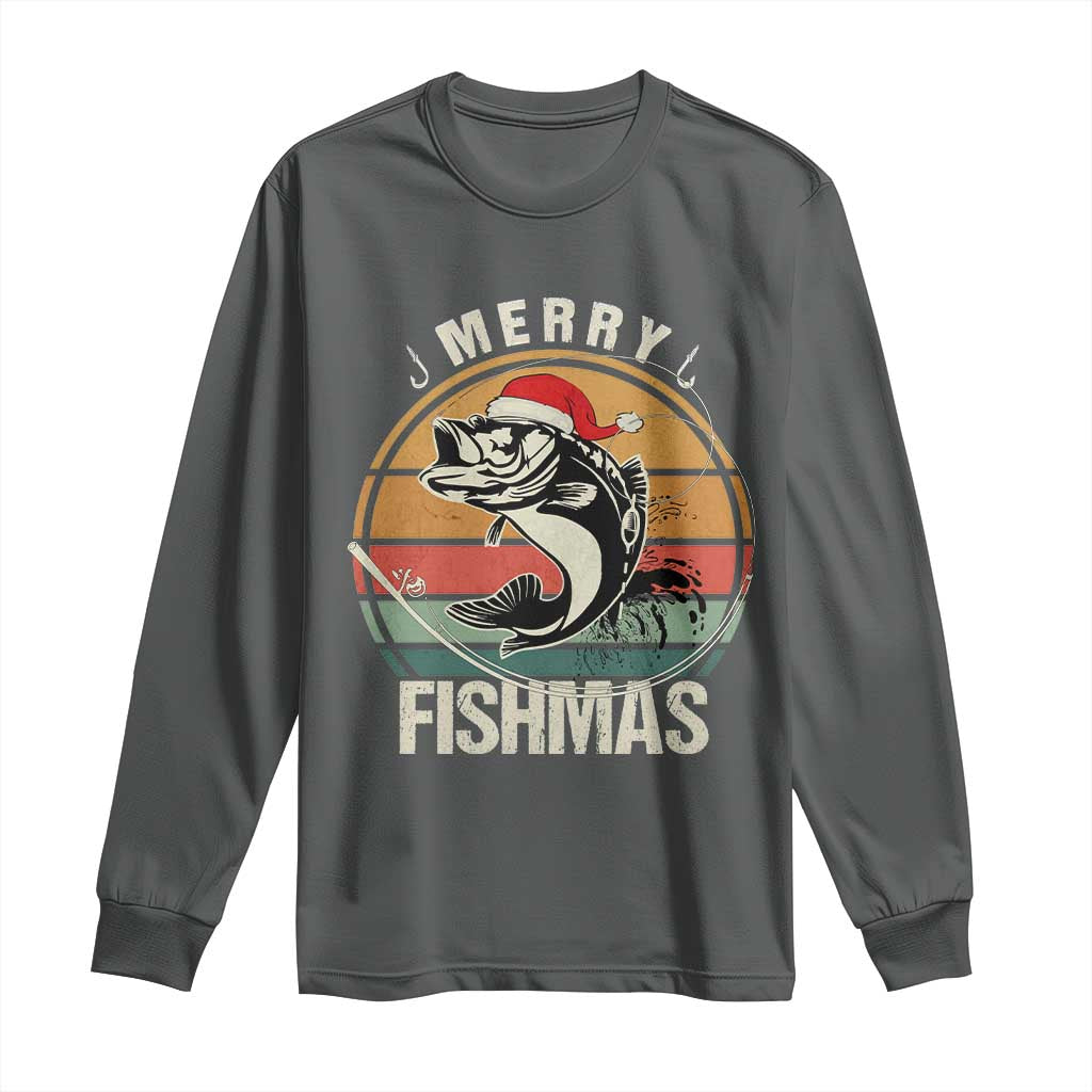 Funny Christmas Fishing Long Sleeve Shirt Merry Fishmas Vintage Sunset Retro TS11 Dark Heather Print Your Wear