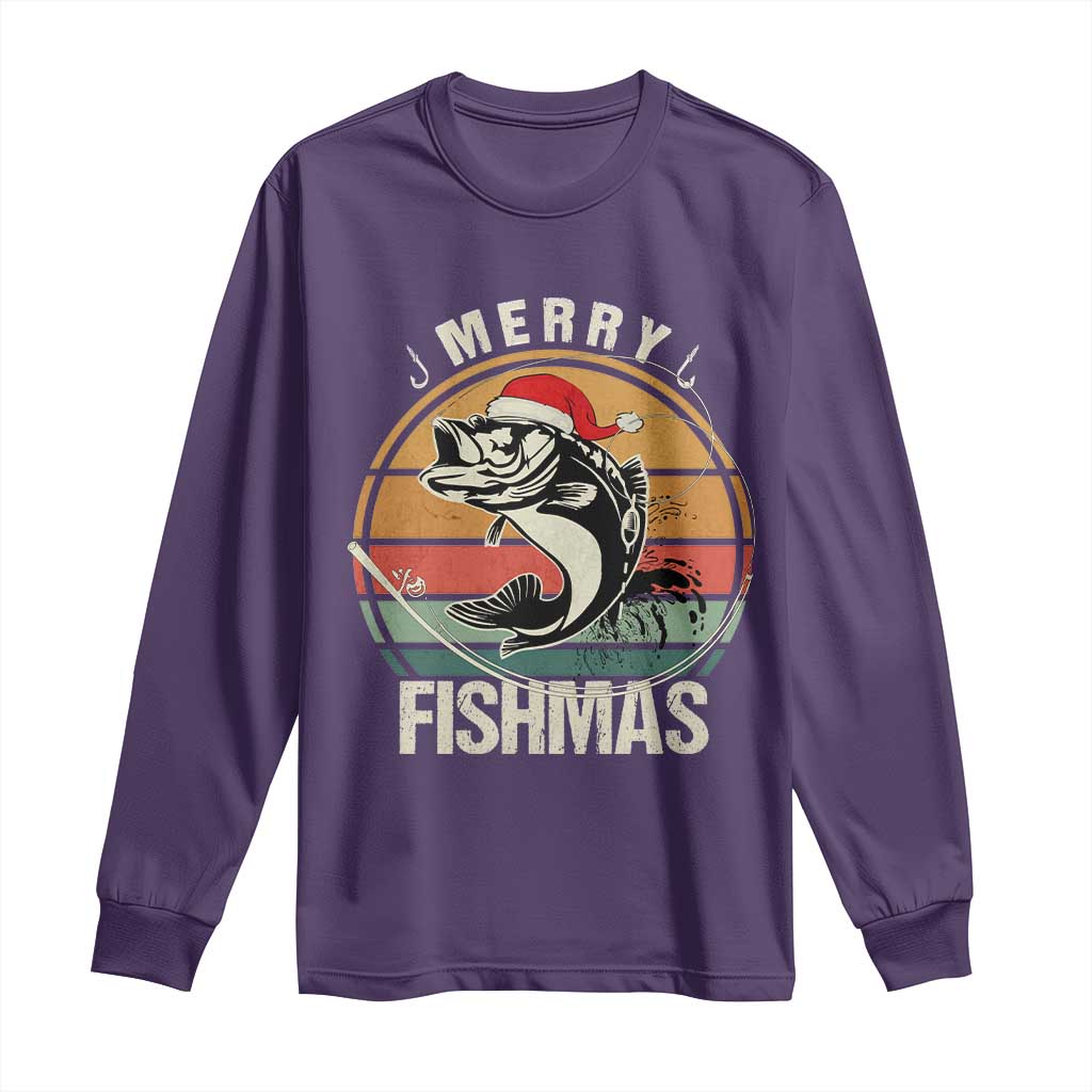 Funny Christmas Fishing Long Sleeve Shirt Merry Fishmas Vintage Sunset Retro TS11 Purple Print Your Wear