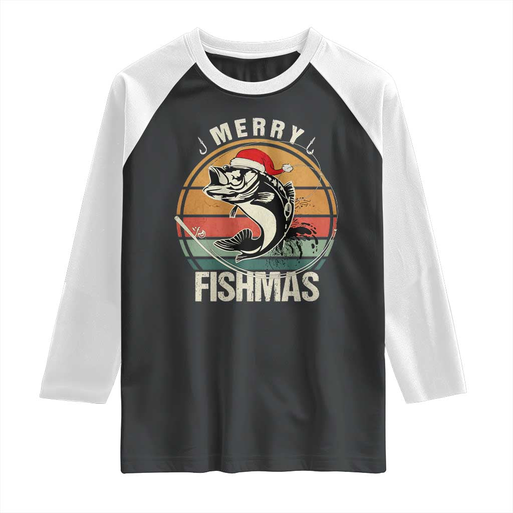 Funny Christmas Fishing Raglan Shirt Merry Fishmas Vintage Sunset Retro TS11 Black White Print Your Wear