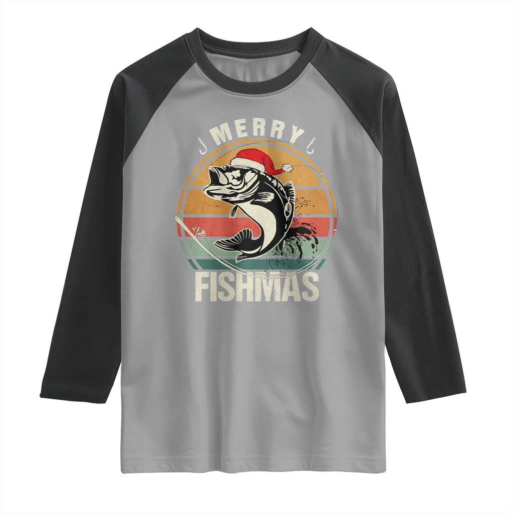 Funny Christmas Fishing Raglan Shirt Merry Fishmas Vintage Sunset Retro TS11 Sport Gray Black Print Your Wear