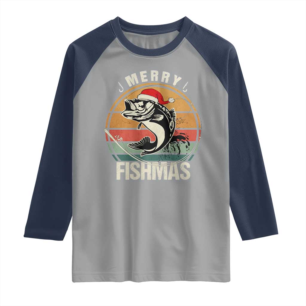 Funny Christmas Fishing Raglan Shirt Merry Fishmas Vintage Sunset Retro TS11 Sport Gray Navy Print Your Wear