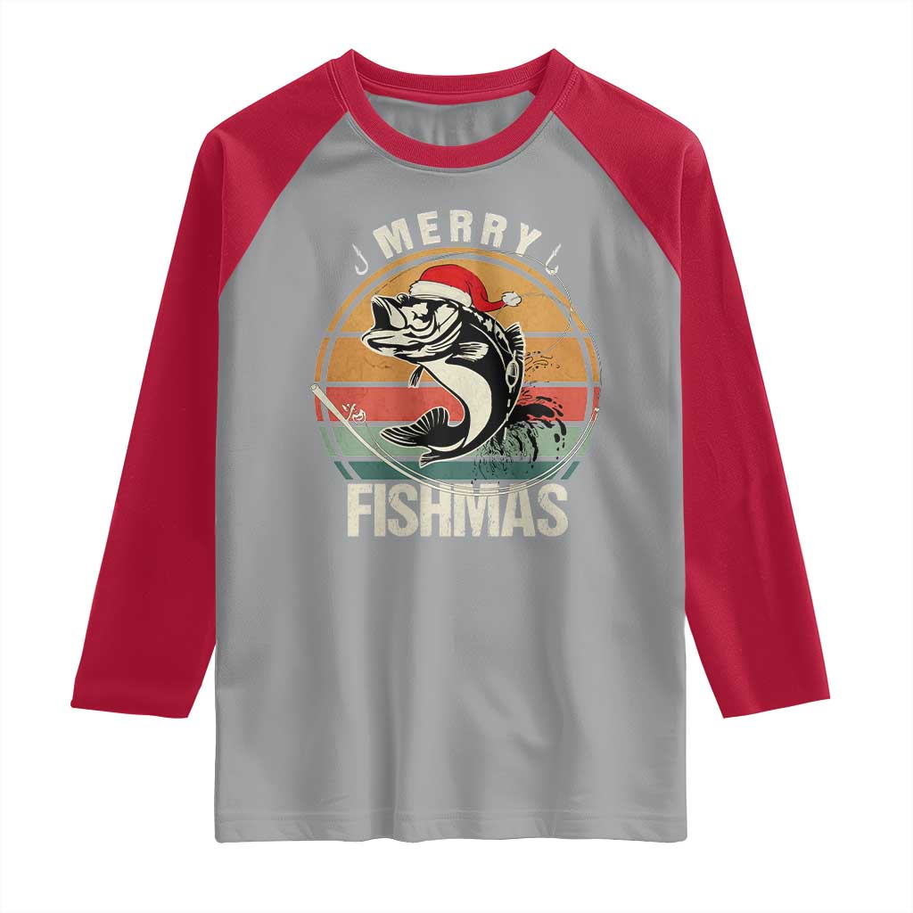 Funny Christmas Fishing Raglan Shirt Merry Fishmas Vintage Sunset Retro TS11 Sport Gray Red Print Your Wear