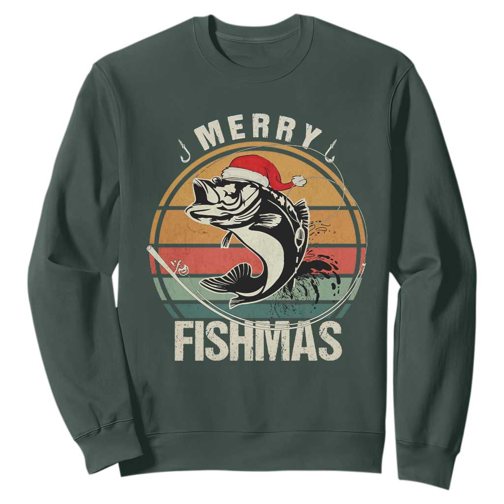 Funny Christmas Fishing Sweatshirt Merry Fishmas Vintage Sunset Retro TS11 Dark Forest Green Print Your Wear