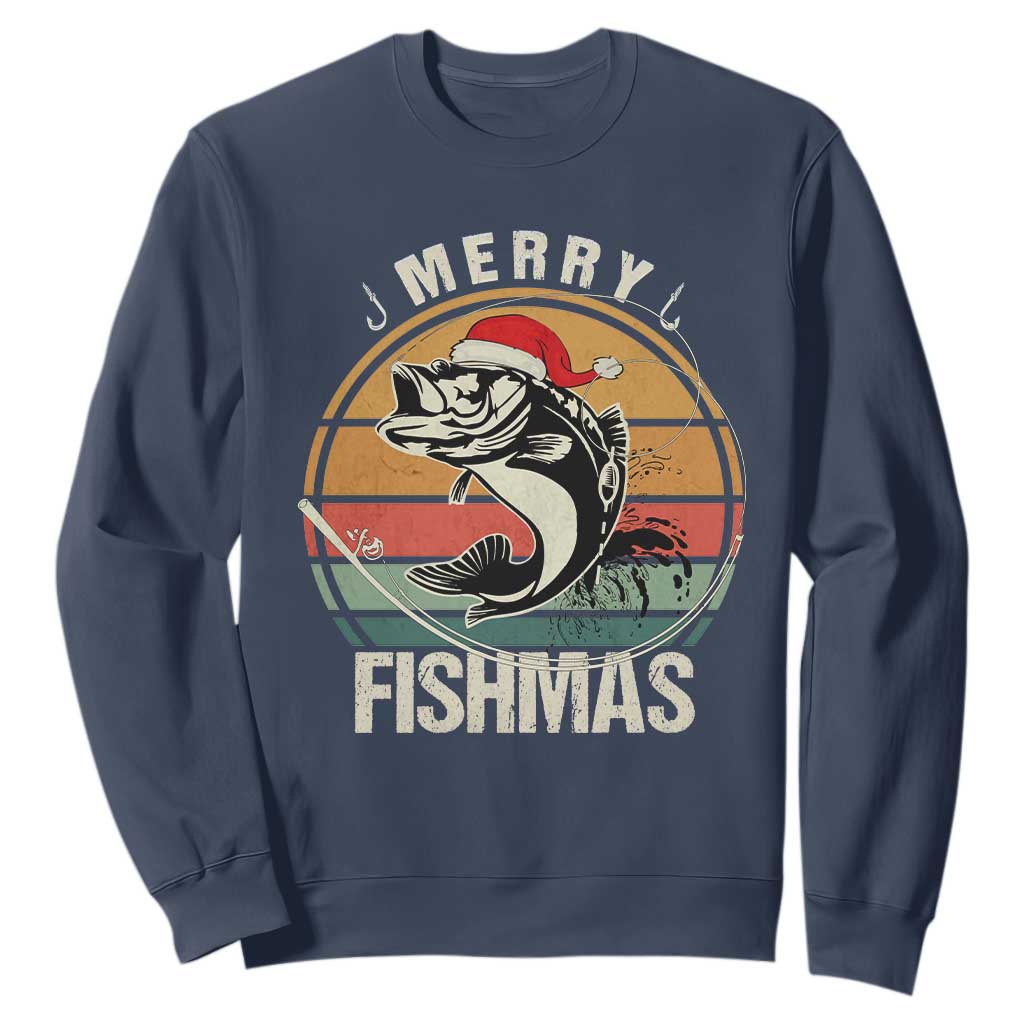 Funny Christmas Fishing Sweatshirt Merry Fishmas Vintage Sunset Retro TS11 Navy Print Your Wear