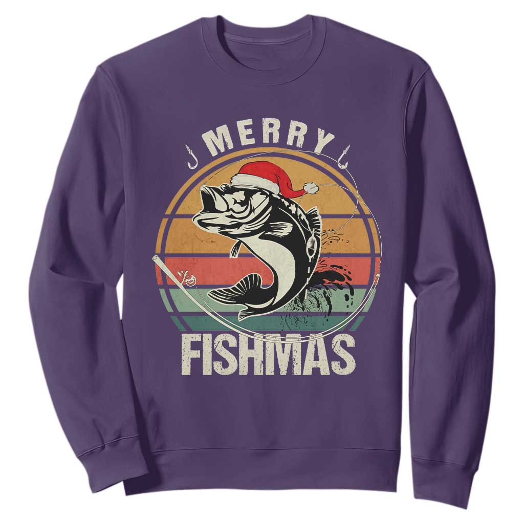 Funny Christmas Fishing Sweatshirt Merry Fishmas Vintage Sunset Retro TS11 Purple Print Your Wear