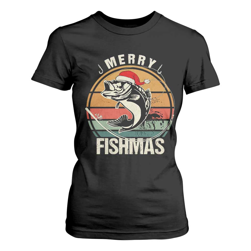 Funny Christmas Fishing T Shirt For Women Merry Fishmas Vintage Sunset Retro TS11 Black Print Your Wear