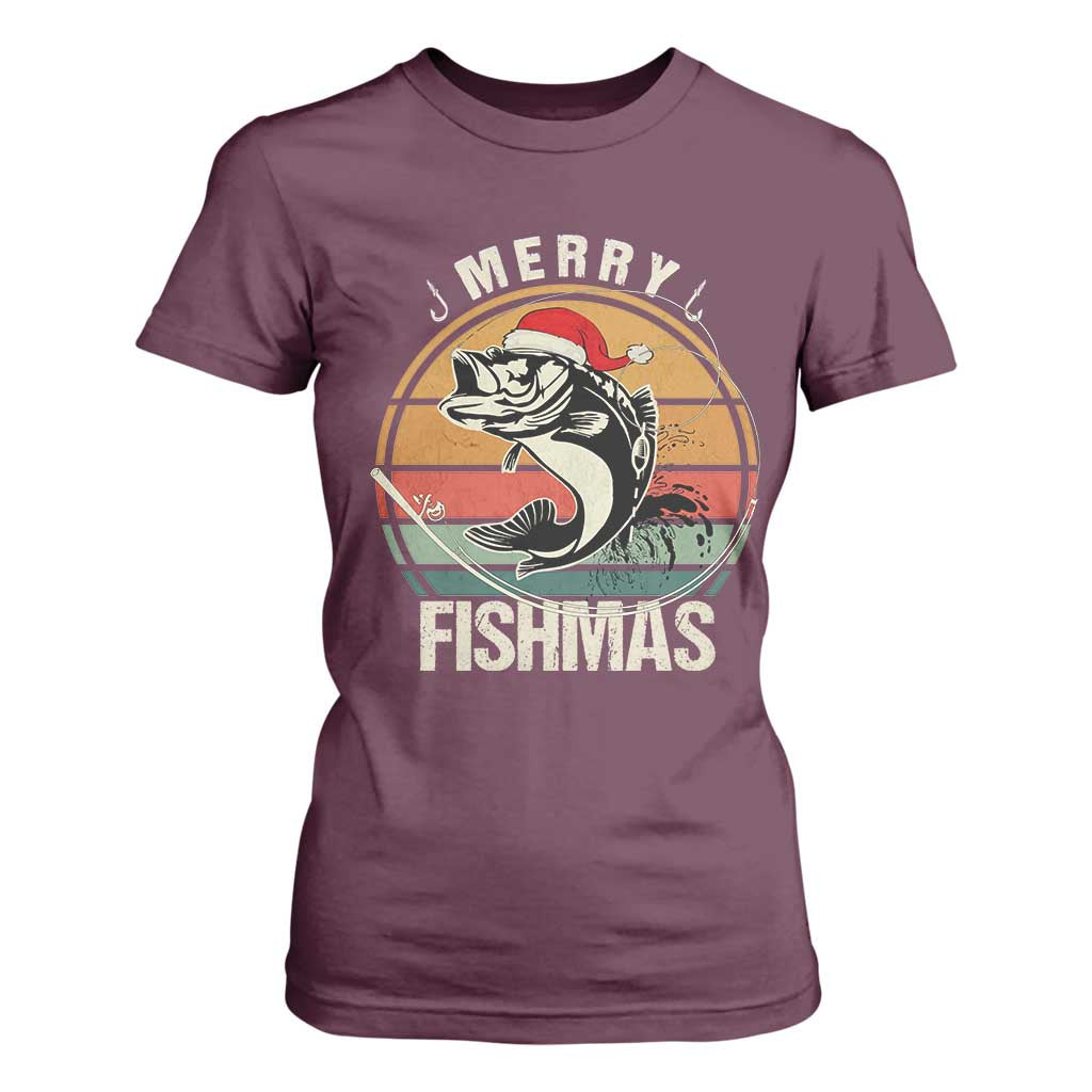 Funny Christmas Fishing T Shirt For Women Merry Fishmas Vintage Sunset Retro TS11 Maroon Print Your Wear