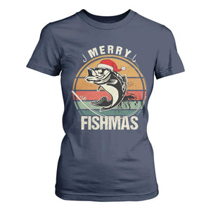 Funny Christmas Fishing T Shirt For Women Merry Fishmas Vintage Sunset Retro TS11 Navy Print Your Wear