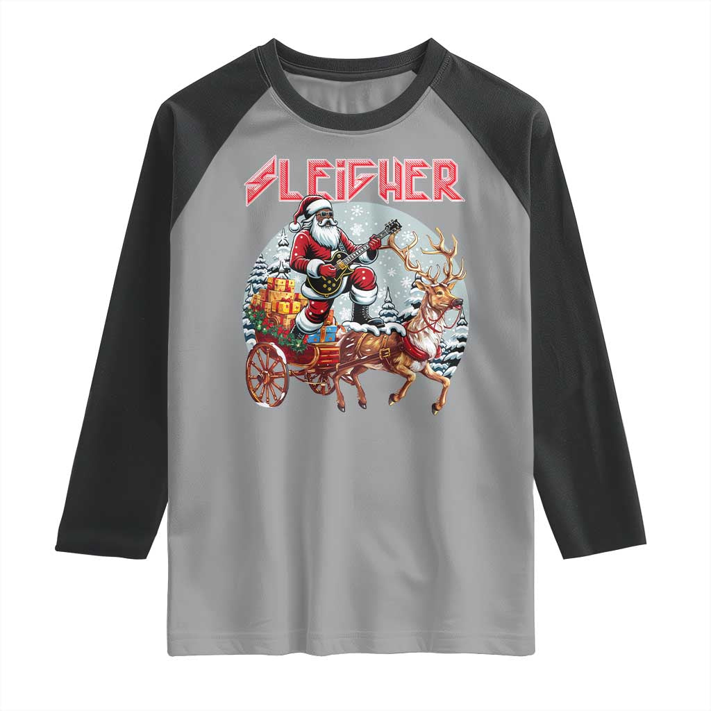 Funny Black Santa Heavy Metal Christmas Raglan Shirt Sleigher Xmas Rock & Roll TS11 Sport Gray Black Print Your Wear