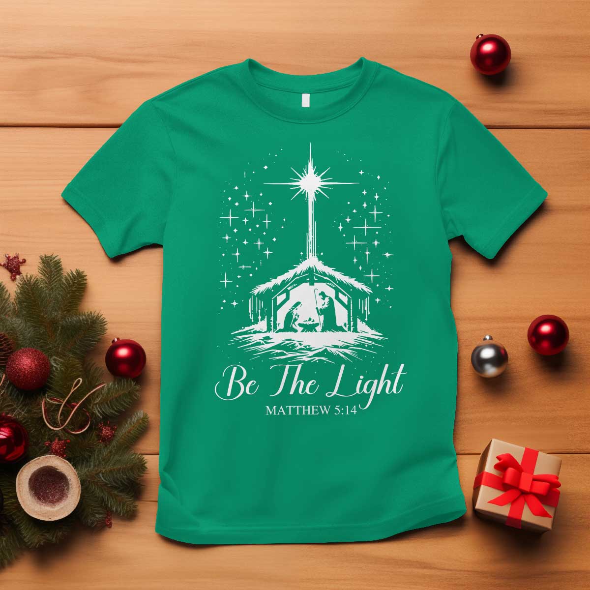 Be The Light Christian Christmas T Shirt Nativity Scene Bible Verse TS11 Irish Green Print Your Wear
