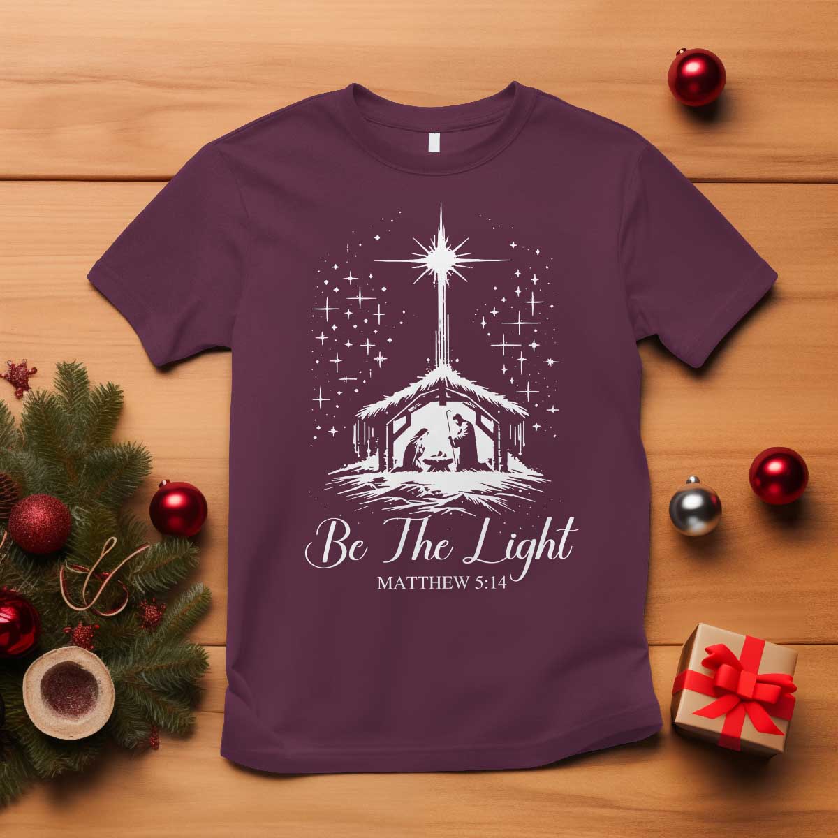 Be The Light Christian Christmas T Shirt Nativity Scene Bible Verse - Print Your Wear