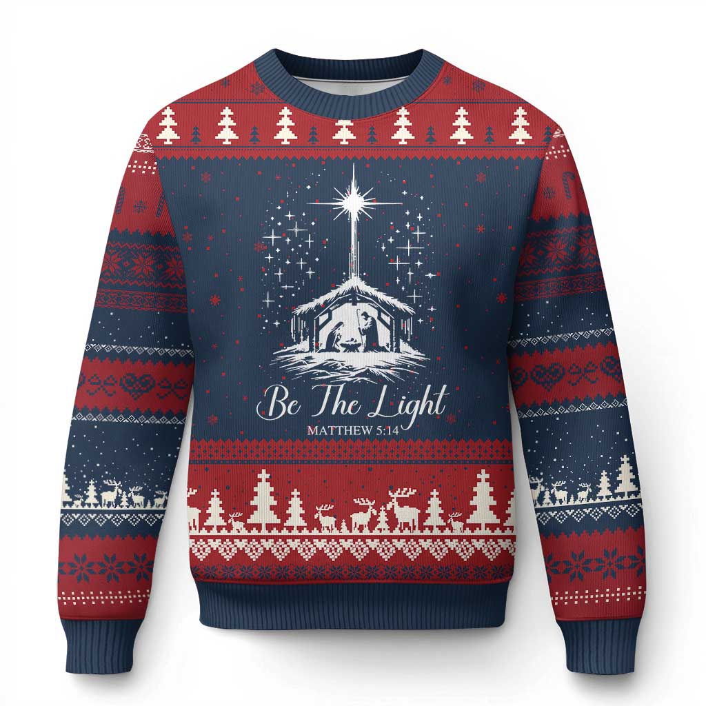 Be The Light Christian Xmas Ugly Christmas Sweater Nativity Scene Bible Verse TS11 Navy Red Print Your Wear