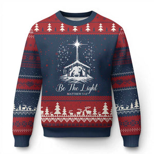 Be The Light Christian Xmas Ugly Christmas Sweater Nativity Scene Bible Verse TS11 Navy Red Print Your Wear