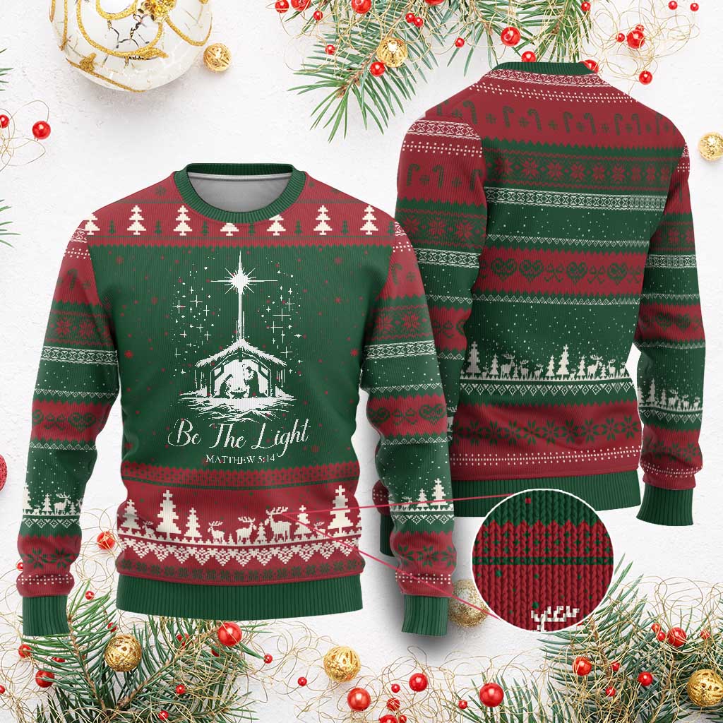 Be The Light Christian Xmas Ugly Christmas Sweater Nativity Scene Bible Verse TS11 Red Green Print Your Wear