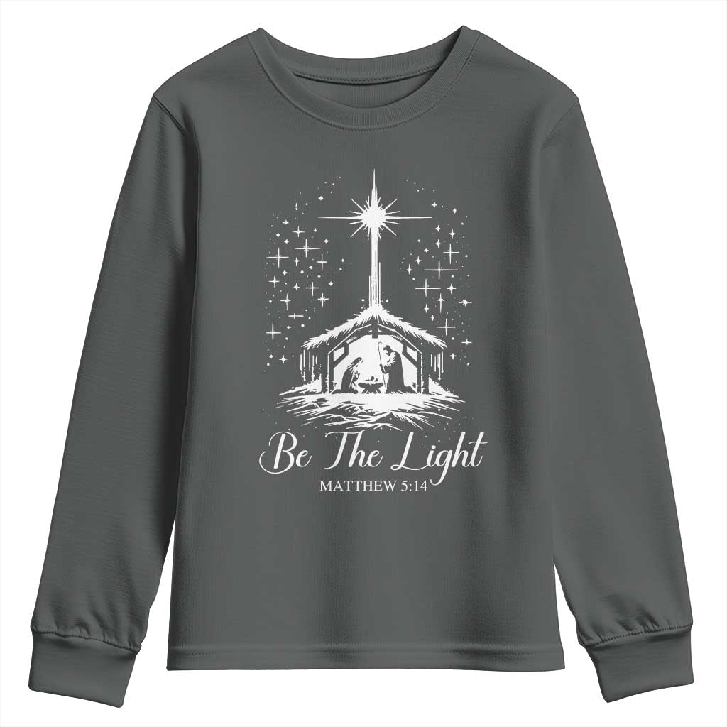 Be The Light Christian Christmas Youth Sweatshirt Nativity Scene Bible Verse TS11 Dark Heather Print Your Wear