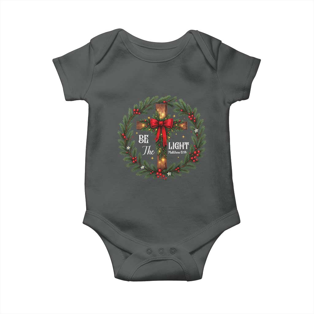 Christmas Be The Light Baby Onesie Christian Xmas Holiday Wreath Cross TS11 Dark Heather Print Your Wear