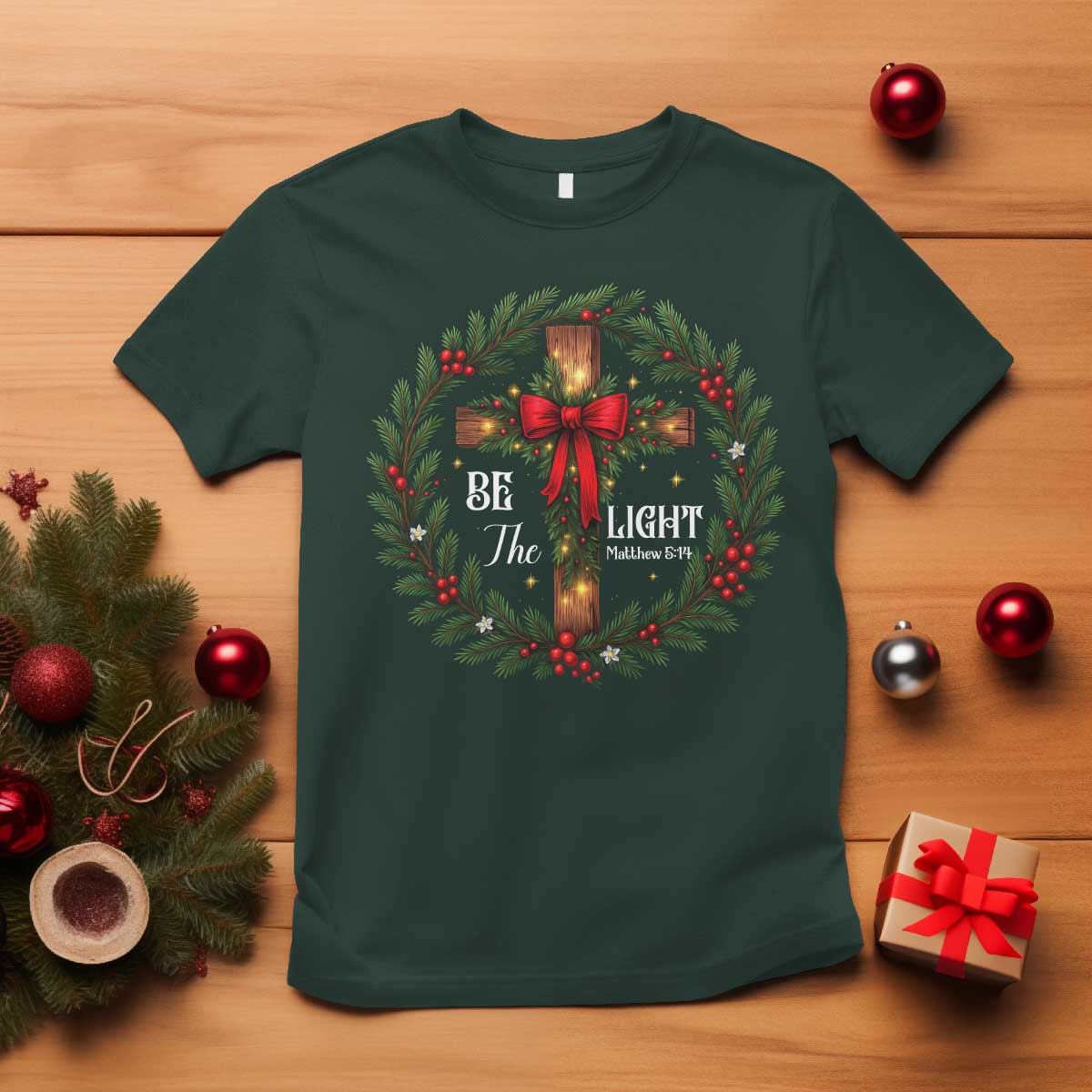 Christmas Be The Light T Shirt Christian Xmas Holiday Wreath Cross TS11 Dark Forest Green Print Your Wear
