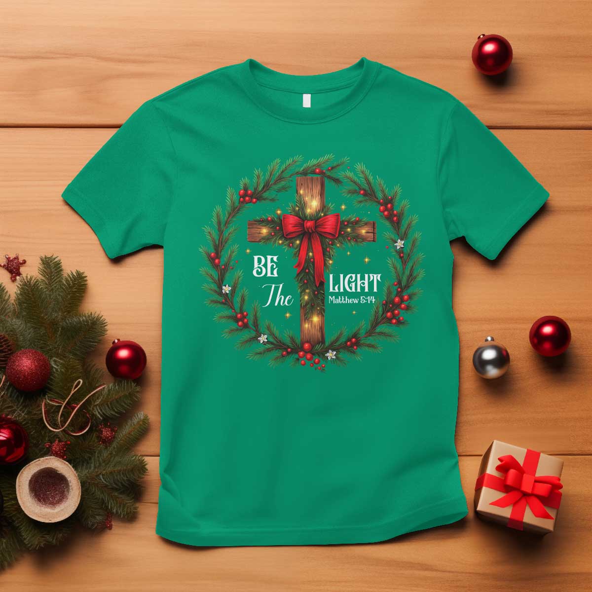 Christmas Be The Light T Shirt Christian Xmas Holiday Wreath Cross TS11 Irish Green Print Your Wear