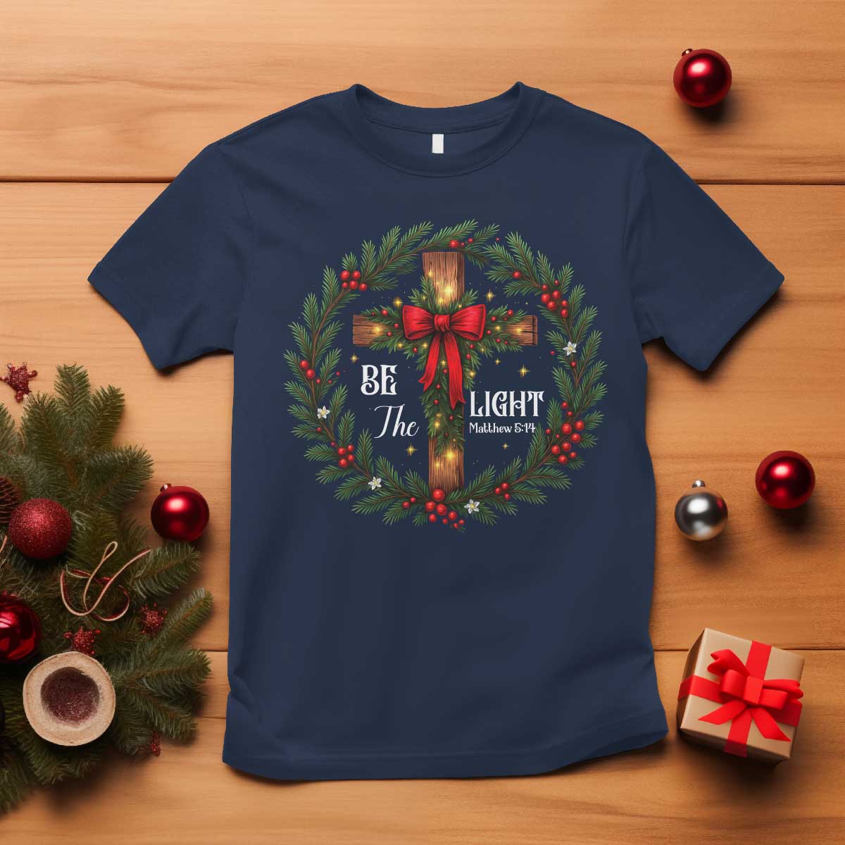 Christmas Be The Light T Shirt Christian Xmas Holiday Wreath Cross TS11 Navy Print Your Wear