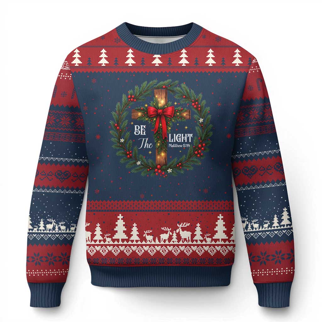 Xmas Be The Light Ugly Christmas Sweater Christian Xmas Holiday Wreath Cross TS11 Navy Red Print Your Wear