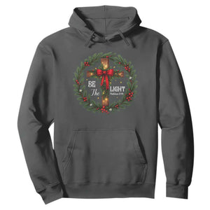 Christmas Be The Light Hoodie Christian Xmas Holiday Wreath Cross TS11 Dark Heather Print Your Wear