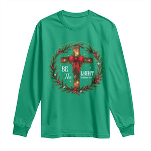 Christmas Be The Light Long Sleeve Shirt Christian Xmas Holiday Wreath Cross - Print Your Wear