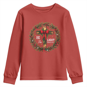 Christmas Be The Light Youth Sweatshirt Christian Xmas Holiday Wreath Cross TS11 Red Print Your Wear
