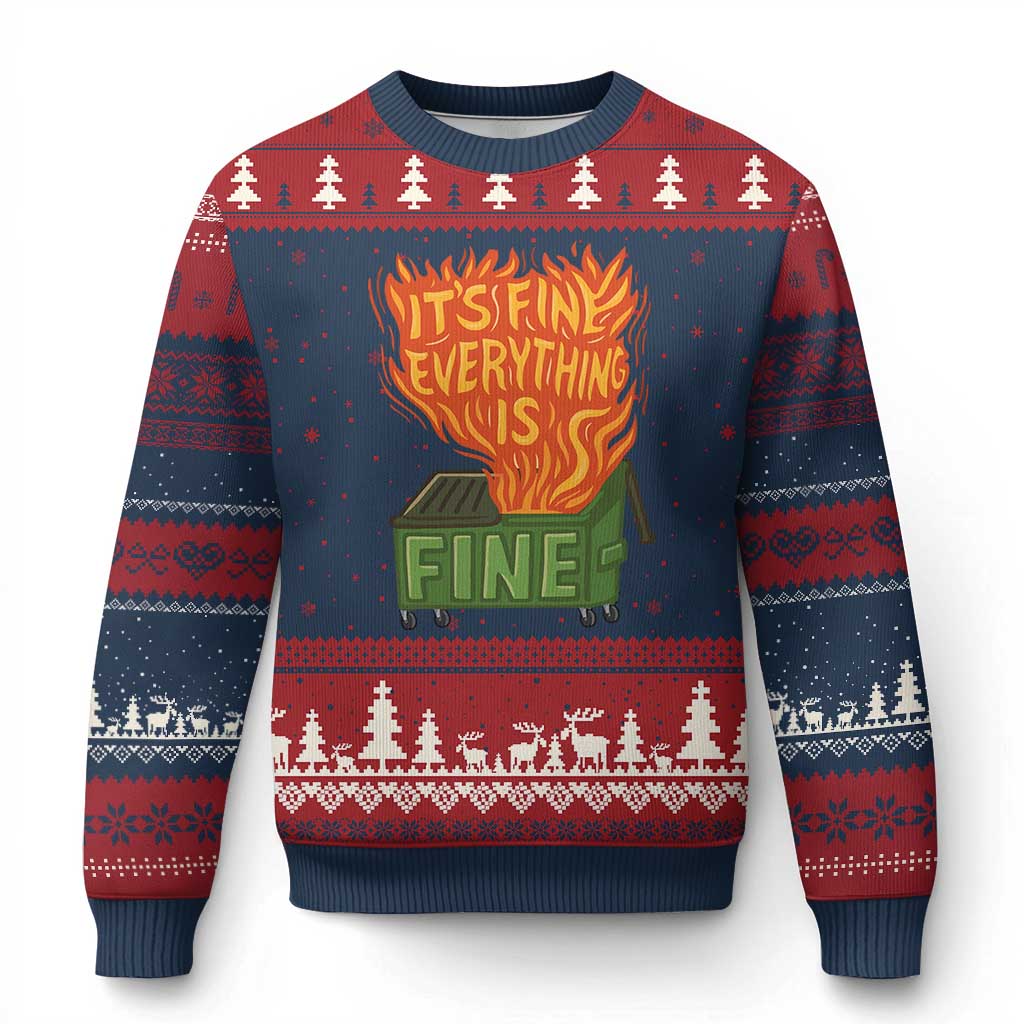 Funny Dumpster Fire Ugly Christmas Sweater Its Fine Everything Is Fine Chaos TS11 Navy Red Print Your Wear