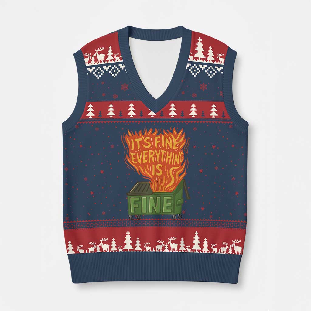 Funny Dumpster Fire V-Neck Knit Sweater Vest Its Fine Everything Is Fine Chaos TS11 Navy Red Print Your Wear
