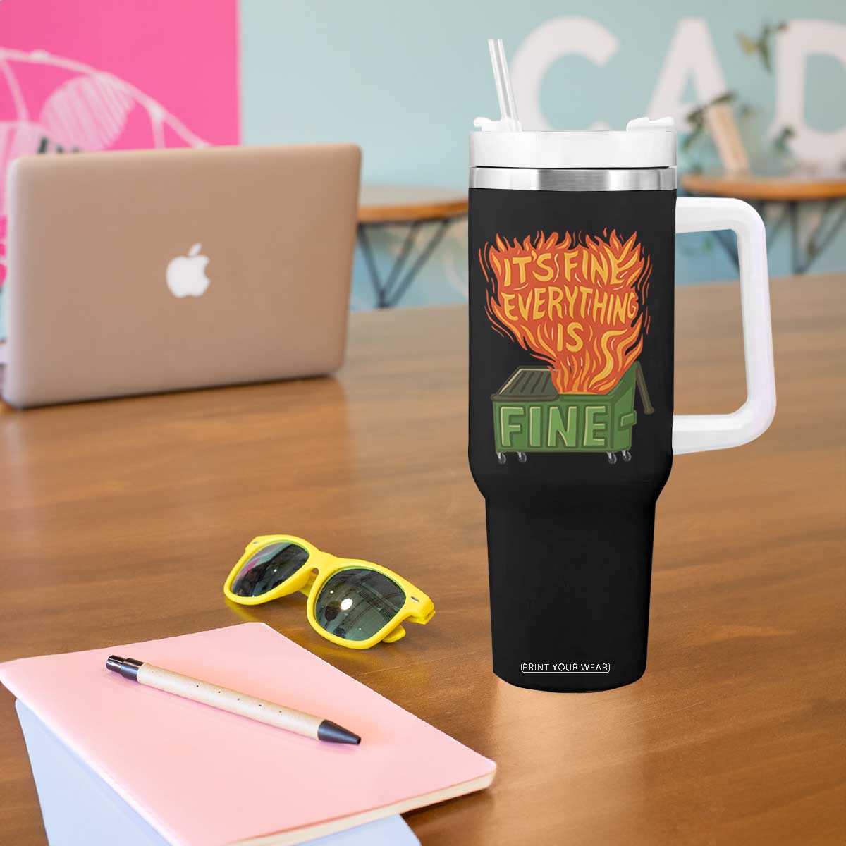Funny Dumpster Fire Tumbler With Handle Its Fine Everything Is Fine Chaos TS11 Print Your Wear