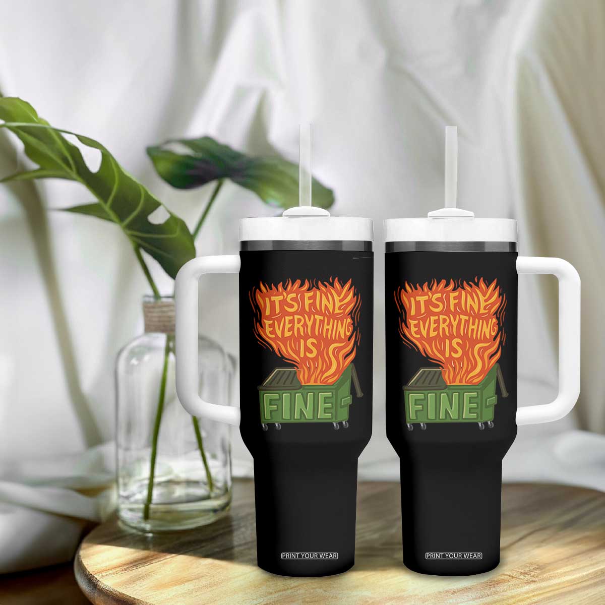 Funny Dumpster Fire Tumbler With Handle Its Fine Everything Is Fine Chaos TS11 Print Your Wear