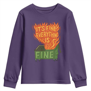 Funny Dumpster Fire Youth Sweatshirt Its Fine Everything Is Fine Chaos TS11 Purple Print Your Wear