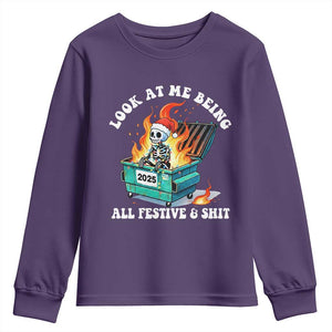 Funny Christmas Dumpster Fire Skeleton 2025 Youth Sweatshirt Look At Me Being All Festive And Shit TS11 Purple Print Your Wear